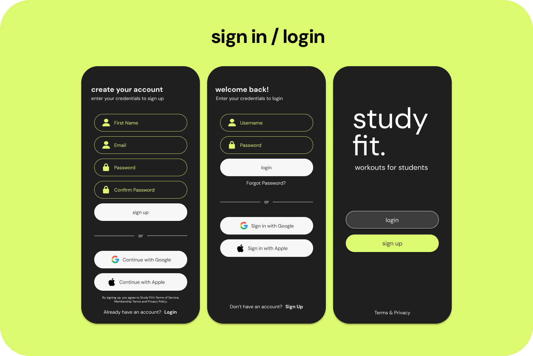 sign in, log in, and front page mockups of final design